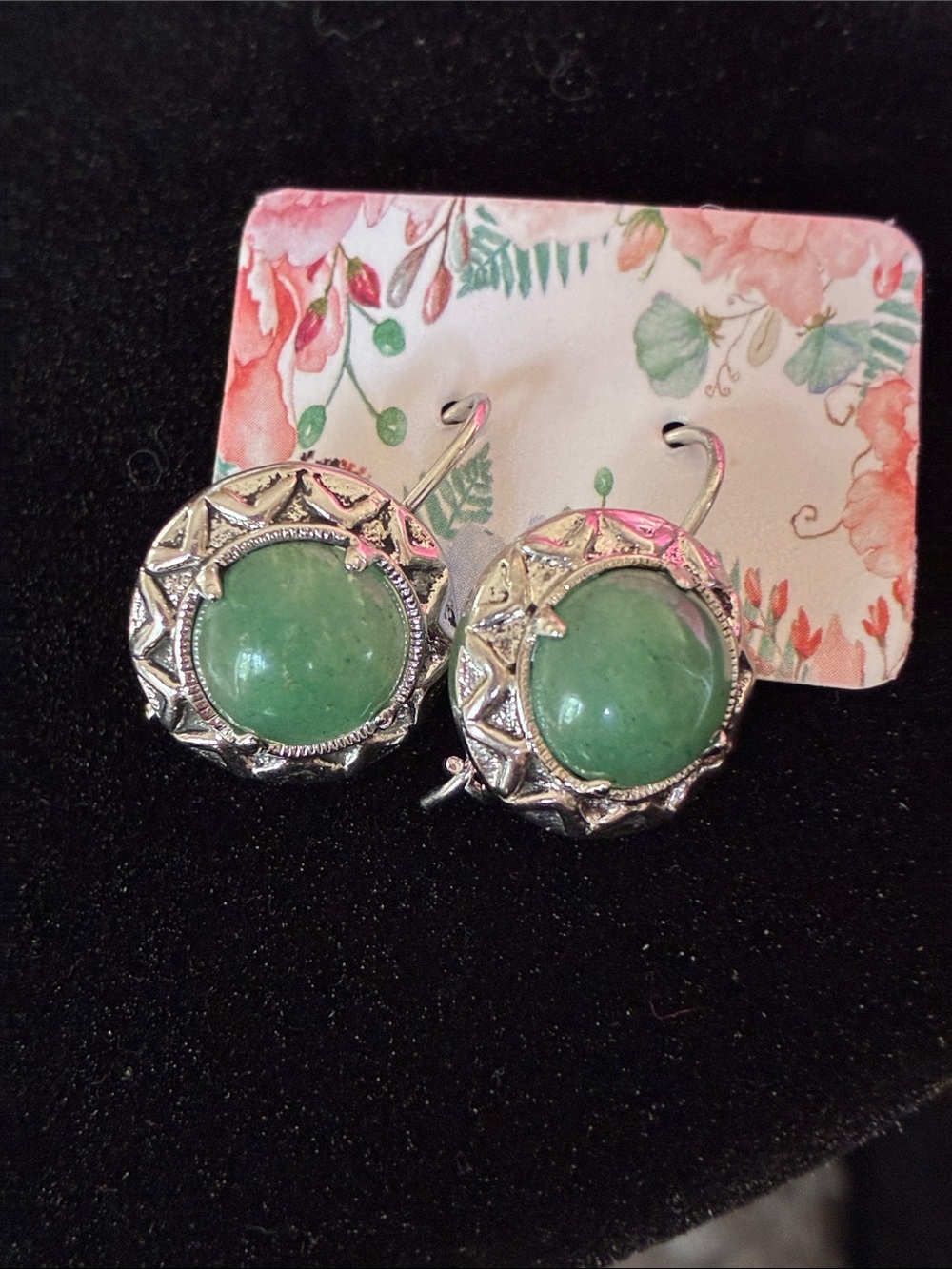 Silver-Tone Green Stone Drop Earrings